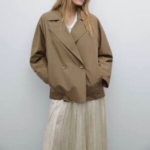 Massimo Dutti green cotton double breasted oversize crop trench coat Sz M Winter